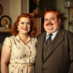 A nostalgic scene set in the 1940s featuring a plump red-haired man with a mustache standing next to a woman with brown wavy hair and bronzed skin