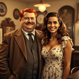 A nostalgic scene set in the 1940s featuring a plump red-haired man with a mustache standing next to a woman with brown wavy hair and bronzed skin