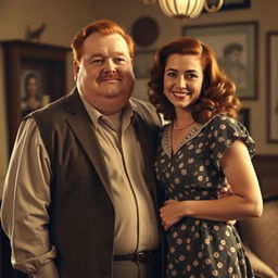 A nostalgic scene set in the 1940s featuring a plump red-haired man with a mustache standing next to a woman with brown wavy hair and bronzed skin