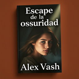 An engaging book cover for 'Escape de la oscuridad', featuring a young woman in a poignant moment as she attempts to free herself from the tensions of a love triangle