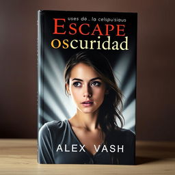 An engaging book cover for 'Escape de la oscuridad', featuring a young woman in a poignant moment as she attempts to free herself from the tensions of a love triangle