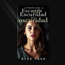 An engaging book cover for 'Escape de la oscuridad', featuring a young woman in a poignant moment as she attempts to free herself from the tensions of a love triangle