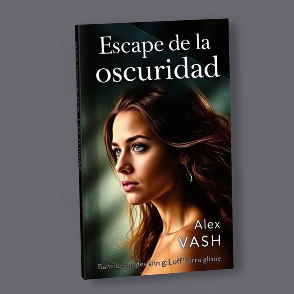 An engaging book cover for 'Escape de la oscuridad', featuring a young woman in a poignant moment as she attempts to free herself from the tensions of a love triangle