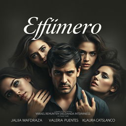 A movie poster showcasing a chaotic romantic theme, featuring a man surrounded by three women, each with captivating expressions