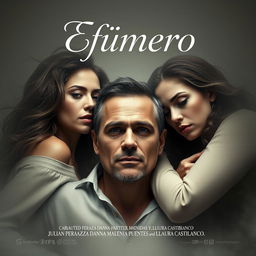 A movie poster showcasing a chaotic romantic theme, featuring a man surrounded by three women, each with captivating expressions