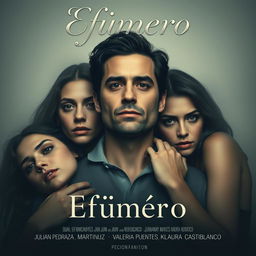 A movie poster showcasing a chaotic romantic theme, featuring a man surrounded by three women, each with captivating expressions