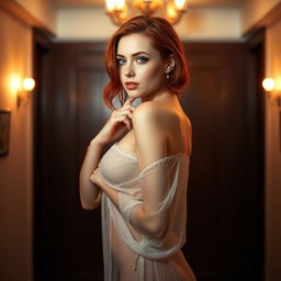 A beautifully lit image of a trans woman with striking red hair, wearing a transparent nightgown that delicately drapes around her figure