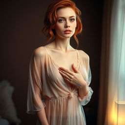 A beautifully lit image of a trans woman with striking red hair, wearing a transparent nightgown that delicately drapes around her figure