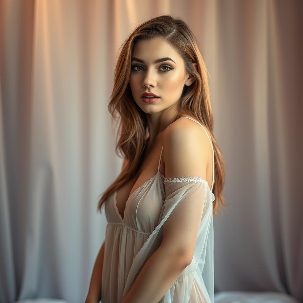 A beautiful transgender woman posing confidently, wearing a sheer, transparent nightgown that gracefully drapes over her figure