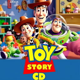 A vibrant and colorful movie poster for 'Toy Story CD' by Pixar, featuring beloved toy characters Woody and Buzz Lightyear in a dynamic pose