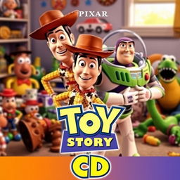 A vibrant and colorful movie poster for 'Toy Story CD' by Pixar, featuring beloved toy characters Woody and Buzz Lightyear in a dynamic pose