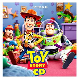 A vibrant and colorful movie poster for 'Toy Story CD' by Pixar, featuring beloved toy characters Woody and Buzz Lightyear in a dynamic pose