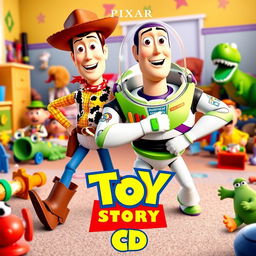 A vibrant and colorful movie poster for 'Toy Story CD' by Pixar, featuring beloved toy characters Woody and Buzz Lightyear in a dynamic pose