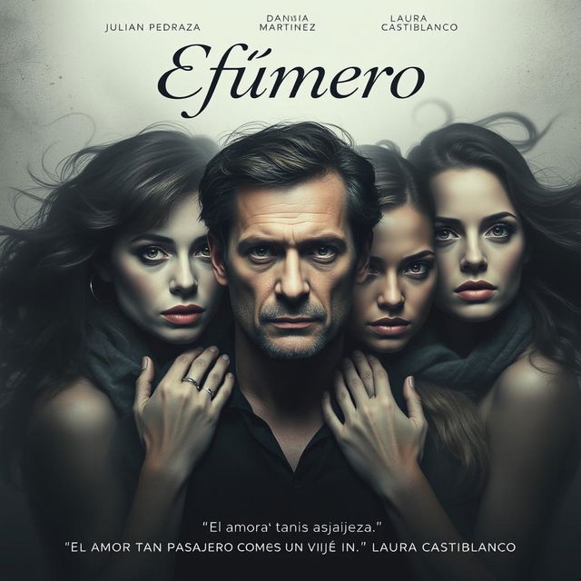 A movie poster depicting a chaotic romantic theme, featuring a man surrounded by three women, all displaying captivating yet complex expressions