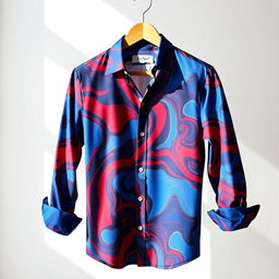 A stylish and elegantly designed shirt, featuring a vibrant, abstract pattern with swirls of deep blue, bright red, and hints of gold