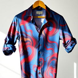 A stylish and elegantly designed shirt, featuring a vibrant, abstract pattern with swirls of deep blue, bright red, and hints of gold