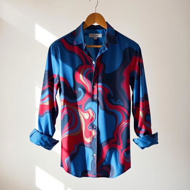 A stylish and elegantly designed shirt, featuring a vibrant, abstract pattern with swirls of deep blue, bright red, and hints of gold