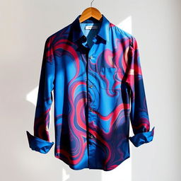 A stylish and elegantly designed shirt, featuring a vibrant, abstract pattern with swirls of deep blue, bright red, and hints of gold