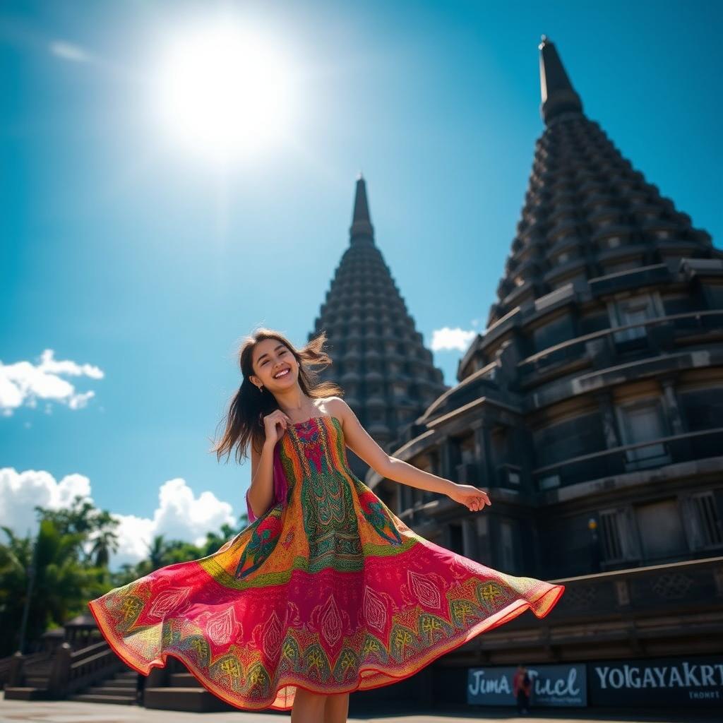 An adventurous scene depicting a character named Nesaka, a young and vibrant traveler, arriving in Yogyakarta, Indonesia