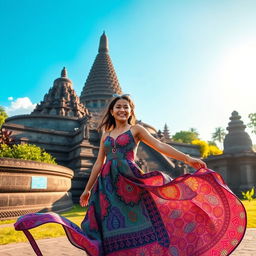 An adventurous scene depicting a character named Nesaka, a young and vibrant traveler, arriving in Yogyakarta, Indonesia