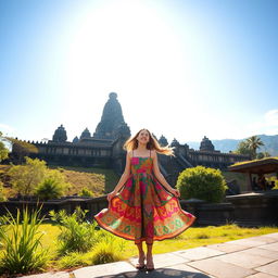 An adventurous scene depicting a character named Nesaka, a young and vibrant traveler, arriving in Yogyakarta, Indonesia