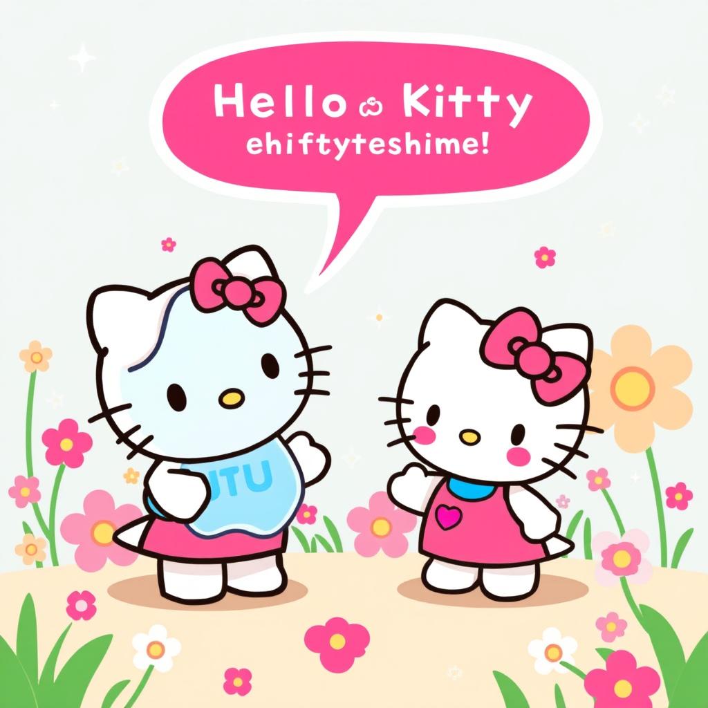 A whimsical and colorful scene featuring Hello Kitty engaging in a cheerful conversation with a friendly enzyme, personifying the enzyme as a cartoon character with a fun and approachable design