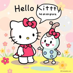 A whimsical and colorful scene featuring Hello Kitty engaging in a cheerful conversation with a friendly enzyme, personifying the enzyme as a cartoon character with a fun and approachable design