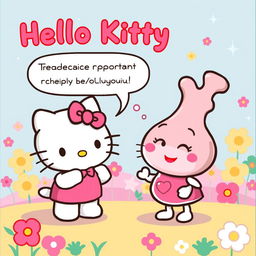 A whimsical and colorful scene featuring Hello Kitty engaging in a cheerful conversation with a friendly enzyme, personifying the enzyme as a cartoon character with a fun and approachable design