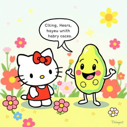 A whimsical and colorful scene featuring Hello Kitty engaging in a cheerful conversation with a friendly enzyme, personifying the enzyme as a cartoon character with a fun and approachable design