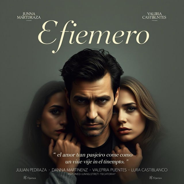 Un cartel de película que representa un caos amoroso, con un hombre rodeado de tres mujeres, todas con expresiones intrigantes