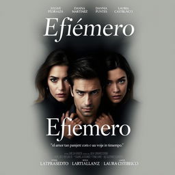 Un cartel de película que representa un caos amoroso, con un hombre rodeado de tres mujeres, todas con expresiones intrigantes