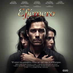 Un cartel de película que representa un caos amoroso, con un hombre rodeado de tres mujeres, todas con expresiones intrigantes