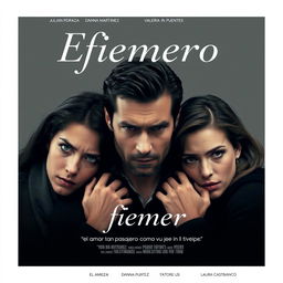 Un cartel de película que representa un caos amoroso, con un hombre rodeado de tres mujeres, todas con expresiones intrigantes