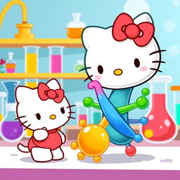 A delightful scene depicting Hello Kitty curiously observing an enzyme interacting with its substrate