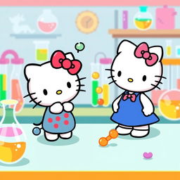 A delightful scene depicting Hello Kitty curiously observing an enzyme interacting with its substrate