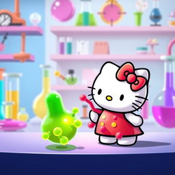 A delightful scene depicting Hello Kitty curiously observing an enzyme interacting with its substrate