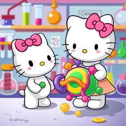 A delightful scene depicting Hello Kitty curiously observing an enzyme interacting with its substrate