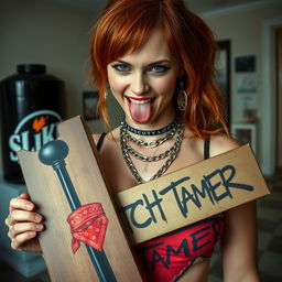 A close-up shot focusing on a sexy, attractive female redhead wearing a tank top adorned with punk chains