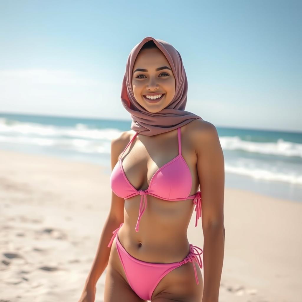 A scene featuring a beautiful 18-year-old Muslim woman with white skin wearing a small two-piece pink bikini