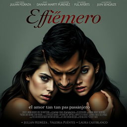 Un cartel de película que representa un caos amoroso, con un hombre rodeado de tres mujeres, todas con expresiones intrigantes