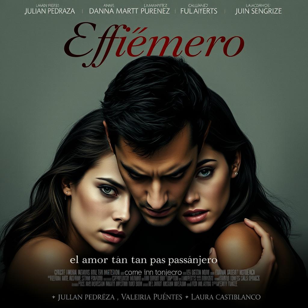 Un cartel de película que representa un caos amoroso, con un hombre rodeado de tres mujeres, todas con expresiones intrigantes
