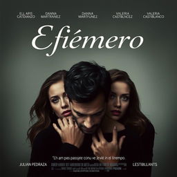 Un cartel de película que representa un caos amoroso, con un hombre rodeado de tres mujeres, todas con expresiones intrigantes