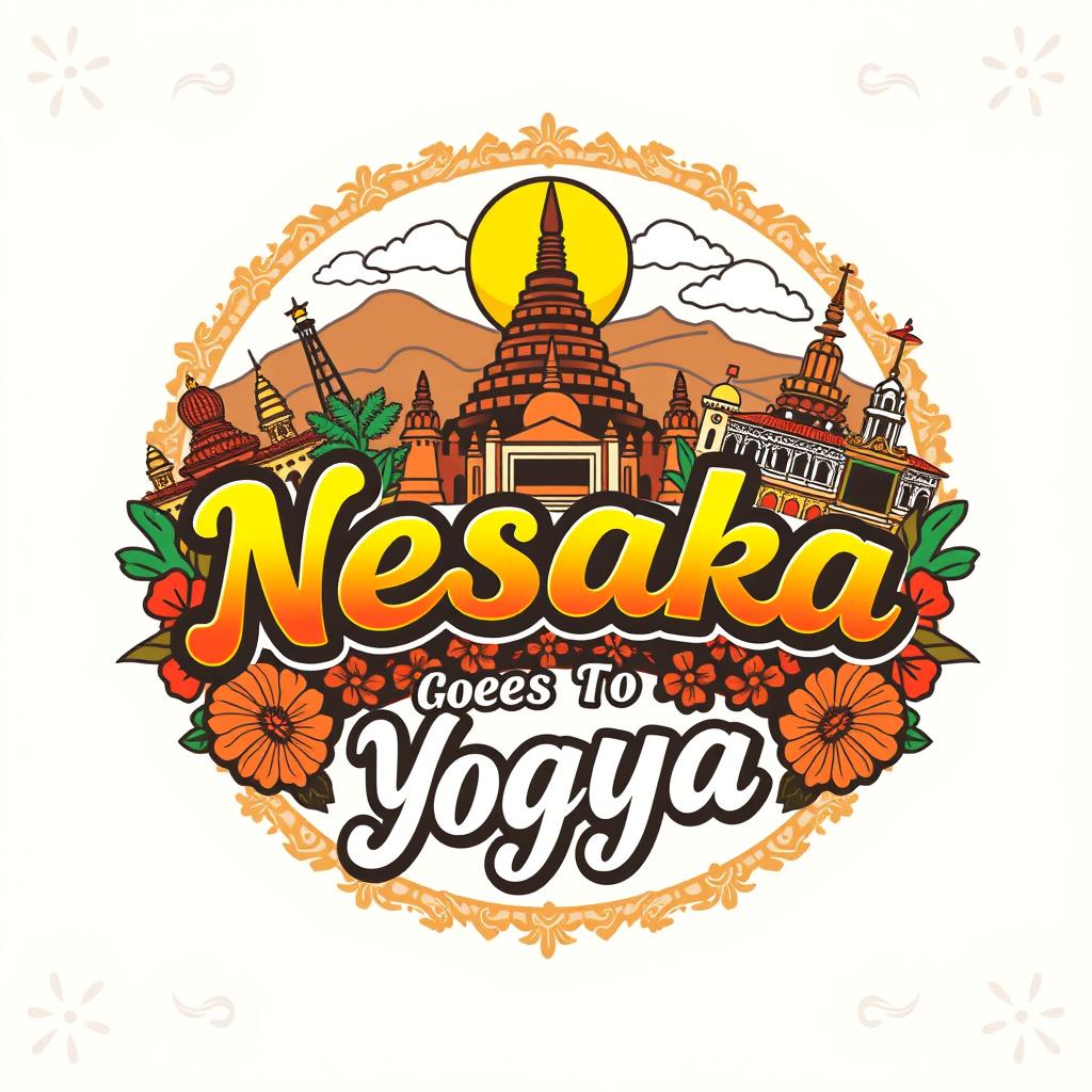 A vibrant and intricate logo design for a shirt featuring 'Nesaka Goes to Yogya'