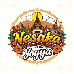 A vibrant and intricate logo design for a shirt featuring 'Nesaka Goes to Yogya'