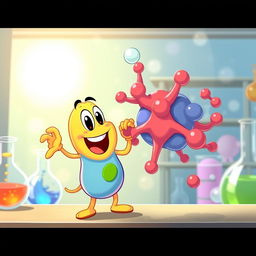 An engaging animation scene depicting an enzyme catalyzing a substrate