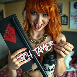 A close-up shot focusing on a sexy female redhead with a large chest, wearing a tank top adorned with punk chains