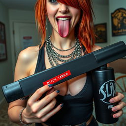 A close-up shot focusing on a sexy female redhead with a large chest, wearing a tank top adorned with punk chains