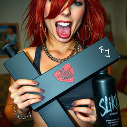 A close-up shot focusing on a sexy female redhead with a large chest, wearing a tank top adorned with punk chains