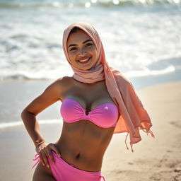 A captivating image of a skinny 18-year-old Muslim woman with white skin, wearing a small two-piece pink bikini that beautifully complements her figure