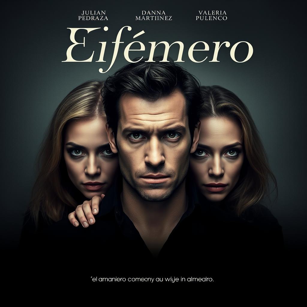 Cartel de una película que muestra un caos amoroso con un hombre rodeado de tres mujeres, todas con miradas intrigantes